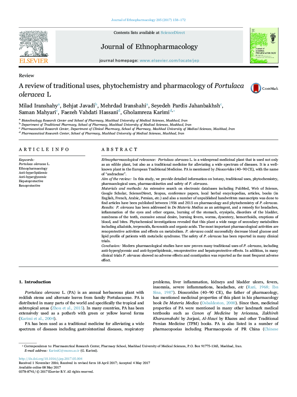 A review of traditional uses, phytochemistry and pharmacology of Portulaca oleracea L