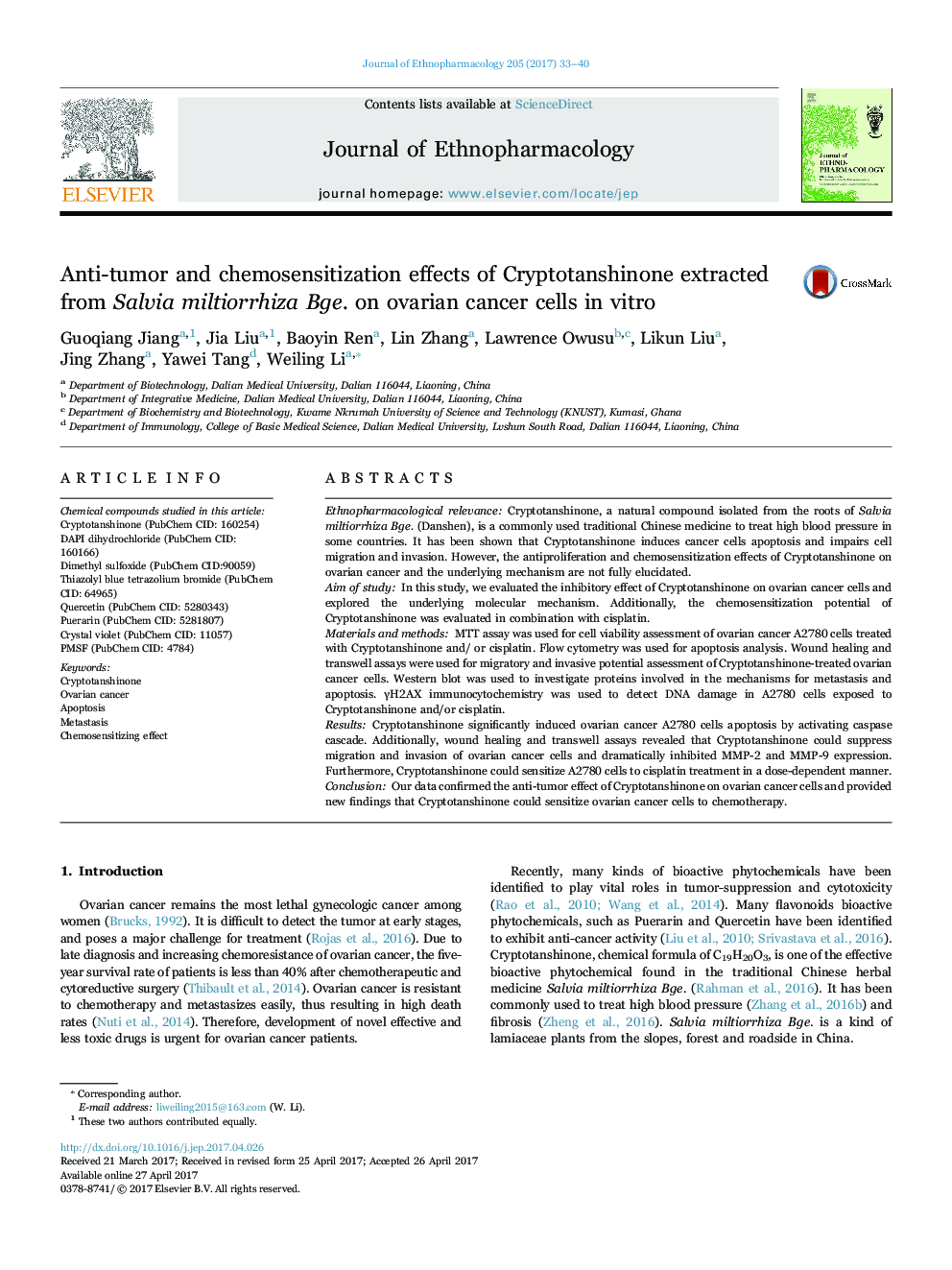 Anti-tumor and chemosensitization effects of Cryptotanshinone extracted from Salvia miltiorrhiza Bge. on ovarian cancer cells in vitro