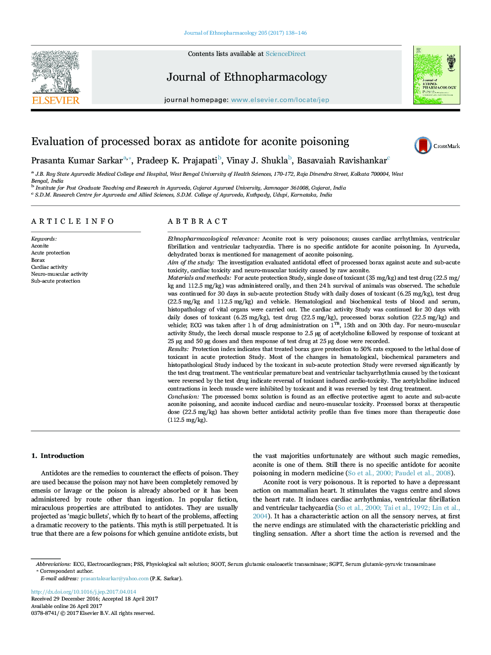 Evaluation of processed borax as antidote for aconite poisoning