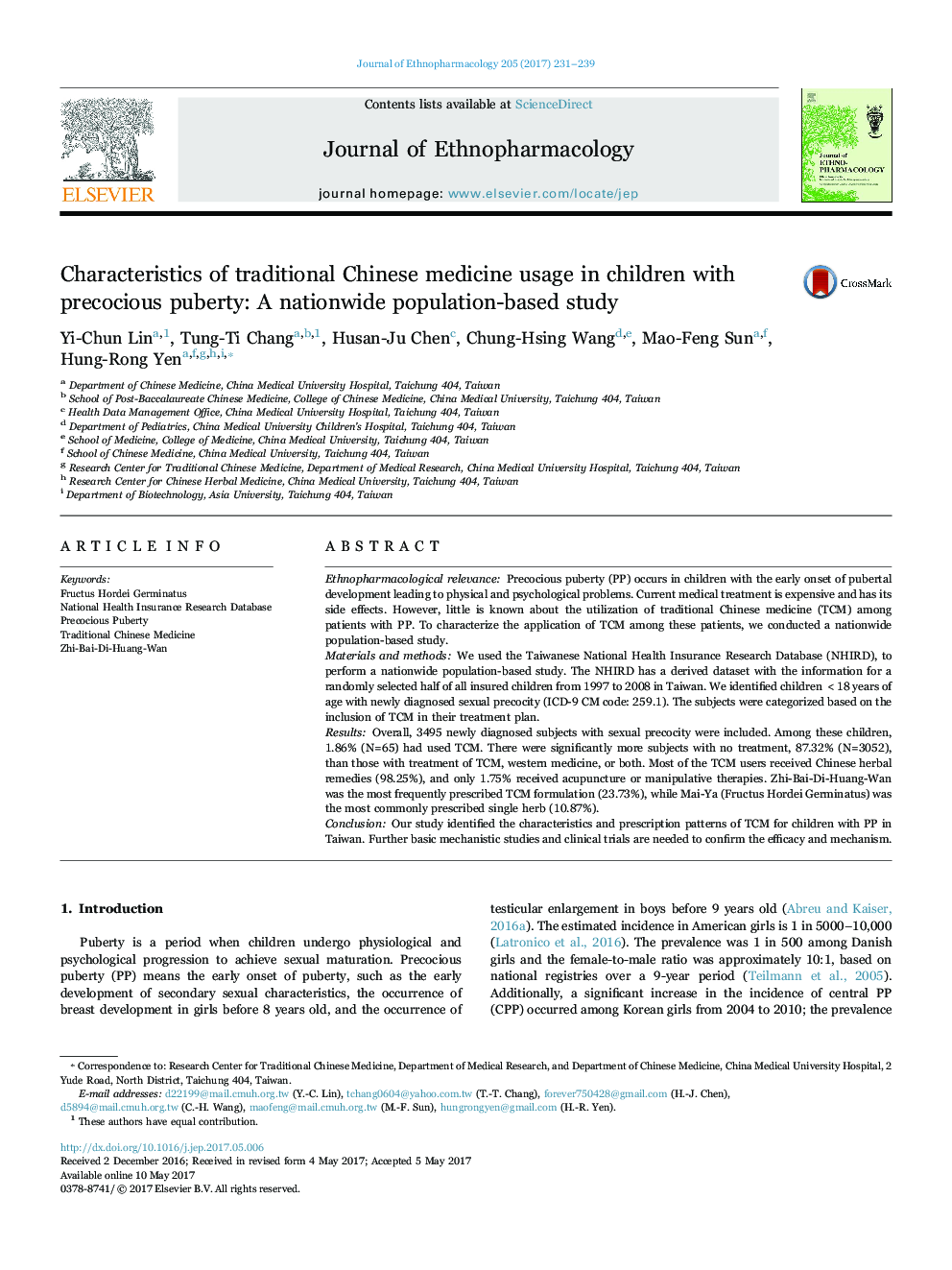 ویژگی های استفاده از طب سنتی چینی در کودکان مبتلا به بلوغ زودرس: مطالعه مبتنی بر جمعیت در سراسر کشور 