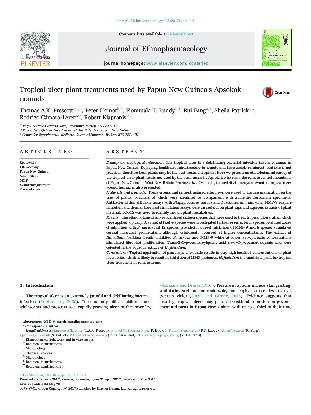 Tropical ulcer plant treatments used by Papua New Guinea's Apsokok nomads