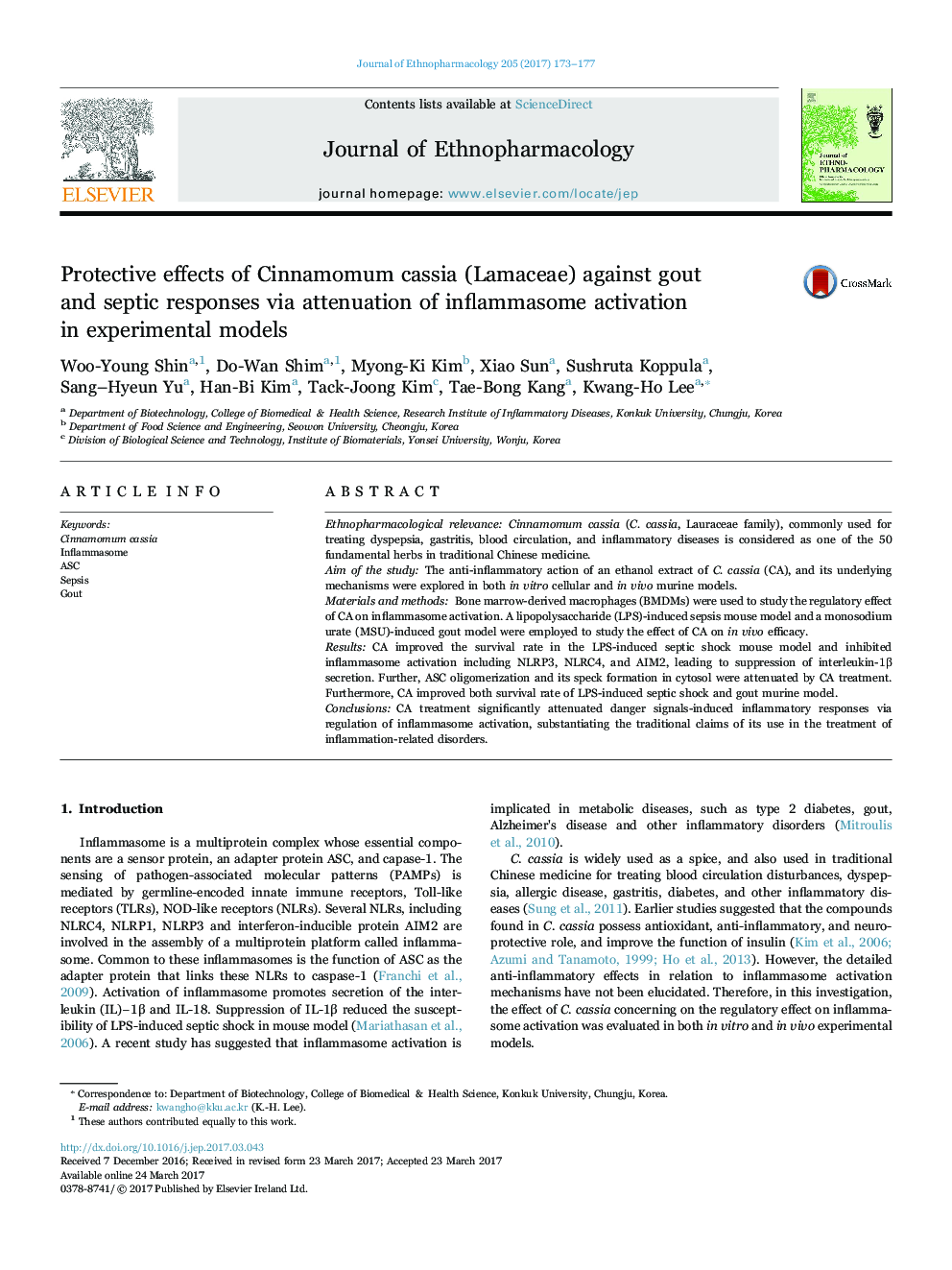 Protective effects of Cinnamomum cassia (Lamaceae) against gout and septic responses via attenuation of inflammasome activation in experimental models