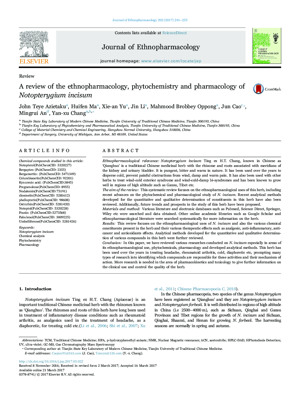 A review of the ethnopharmacology, phytochemistry and pharmacology of Notopterygium incisum