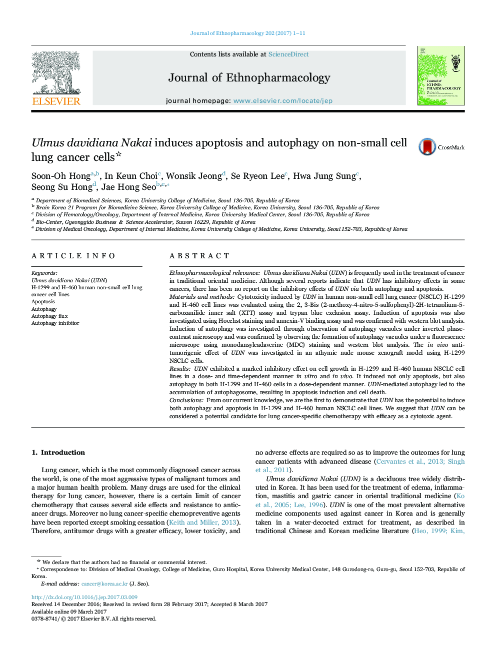 Ulmus davidiana Nakai induces apoptosis and autophagy on non-small cell lung cancer cells