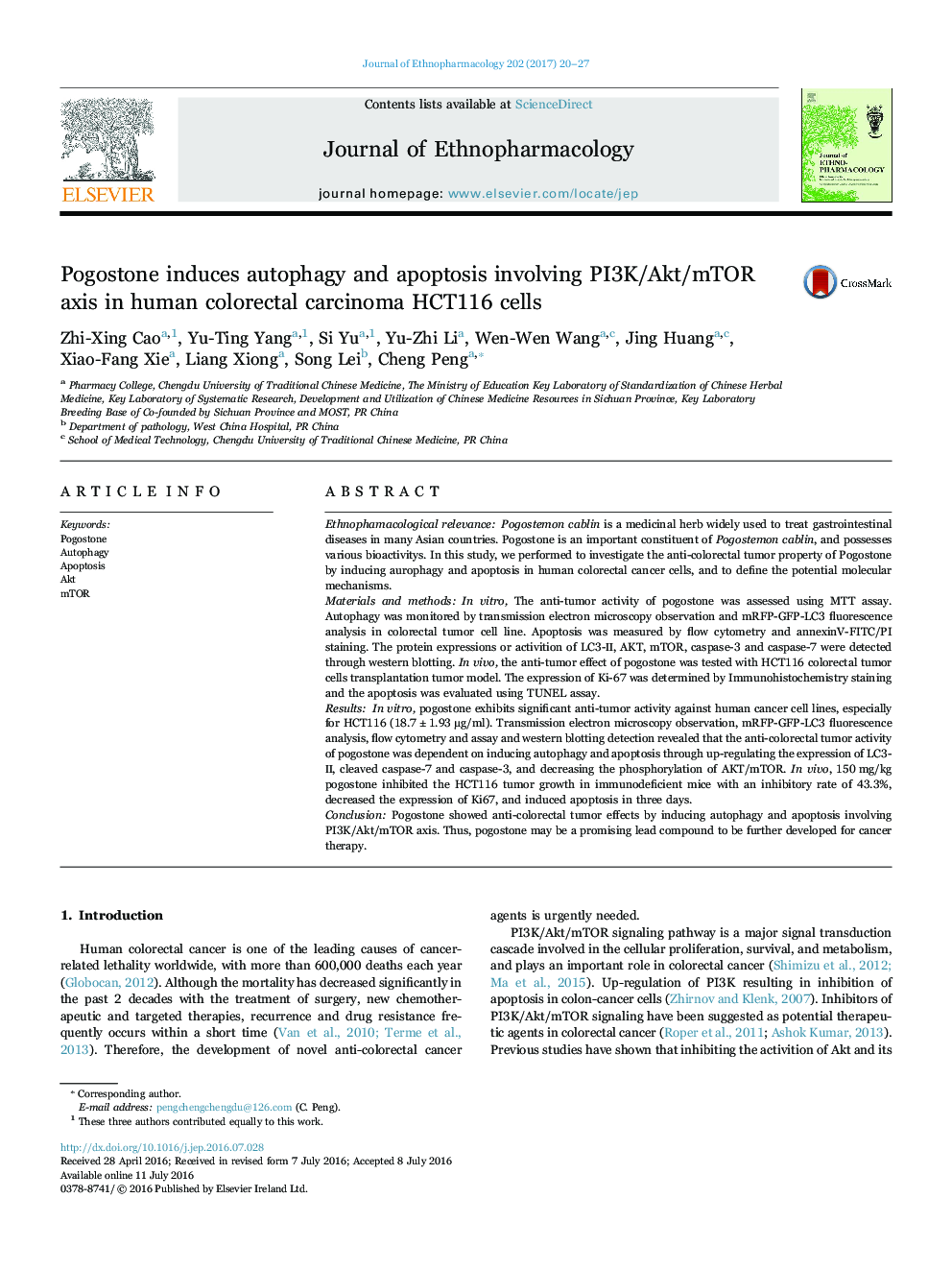 Pogostone induces autophagy and apoptosis involving PI3K/Akt/mTOR axis in human colorectal carcinoma HCT116 cells