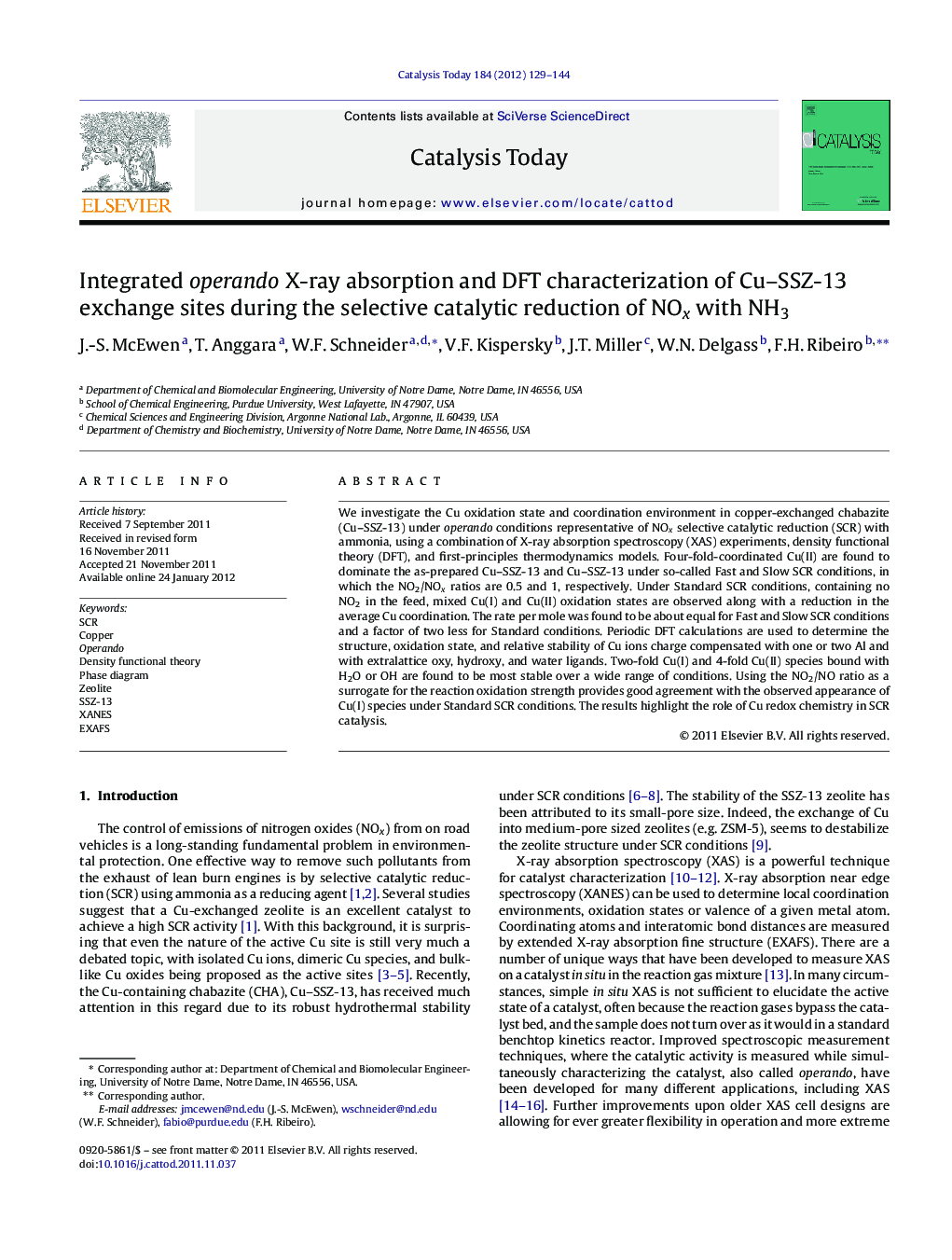 Integrated operando X-ray absorption and DFT characterization of Cu–SSZ-13 exchange sites during the selective catalytic reduction of NOx with NH3