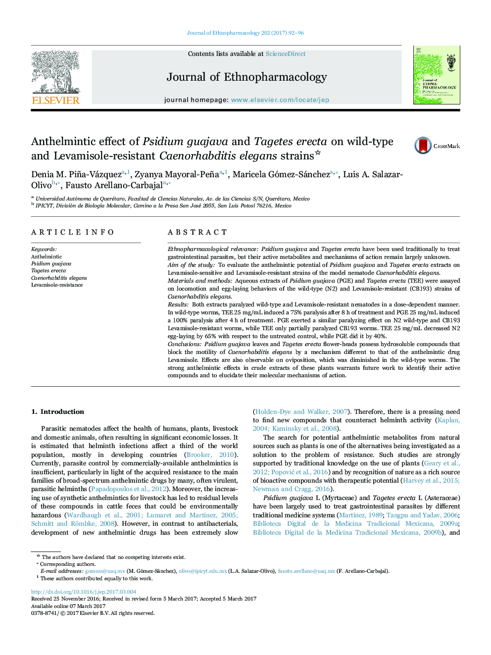 Anthelmintic effect of Psidium guajava and Tagetes erecta on wild-type and Levamisole-resistant Caenorhabditis elegans strains