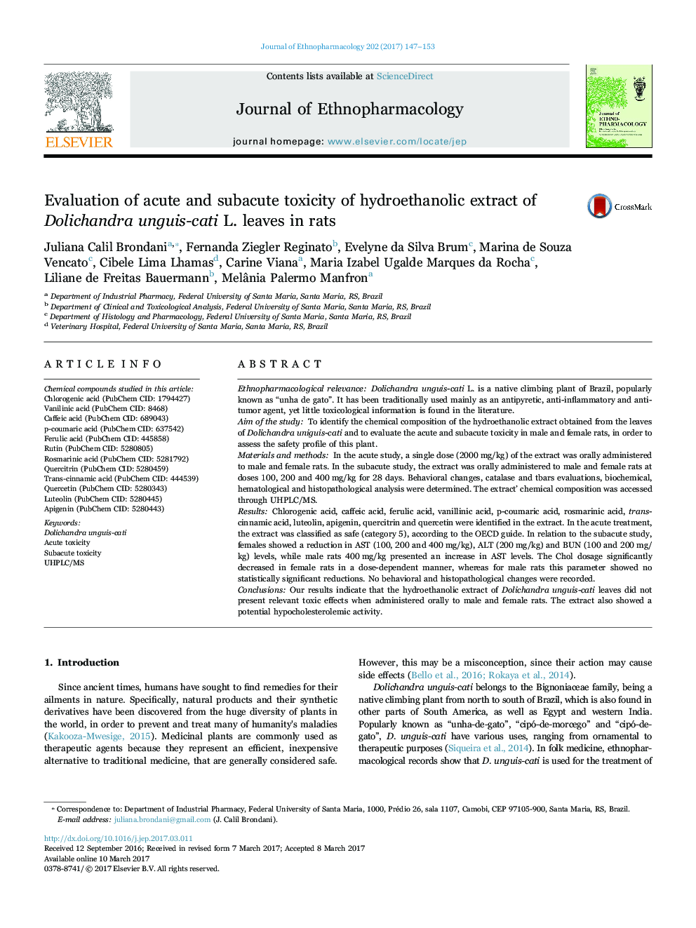 Evaluation of acute and subacute toxicity of hydroethanolic extract of Dolichandra unguis-cati L. leaves in rats