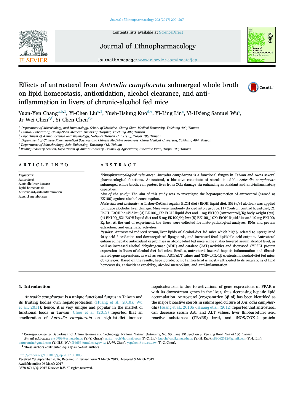 Effects of antrosterol from Antrodia camphorata submerged whole broth on lipid homeostasis, antioxidation, alcohol clearance, and anti-inflammation in livers of chronic-alcohol fed mice