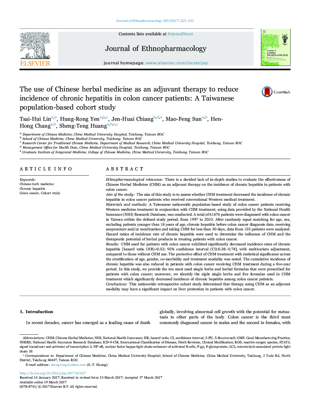 استفاده از طب گیاهی چینی به عنوان یک درمان کمکی برای کاهش بروز ابتلا به هپاتیت مزمن در بیماران مبتلا به سرطان کولون: یک مطالعه همگروه در تایوان 