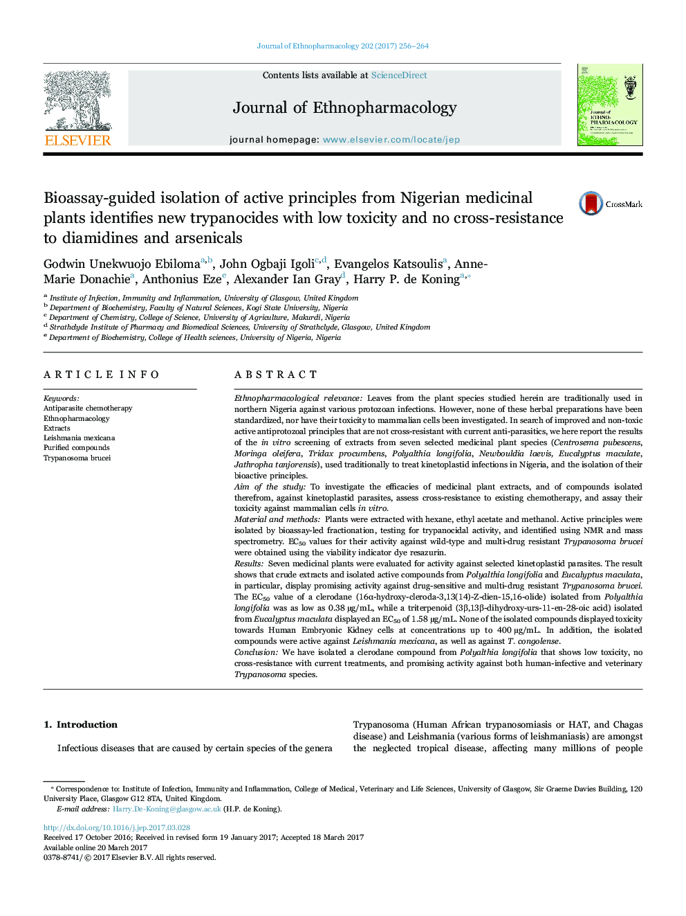 Bioassay-guided isolation of active principles from Nigerian medicinal plants identifies new trypanocides with low toxicity and no cross-resistance to diamidines and arsenicals