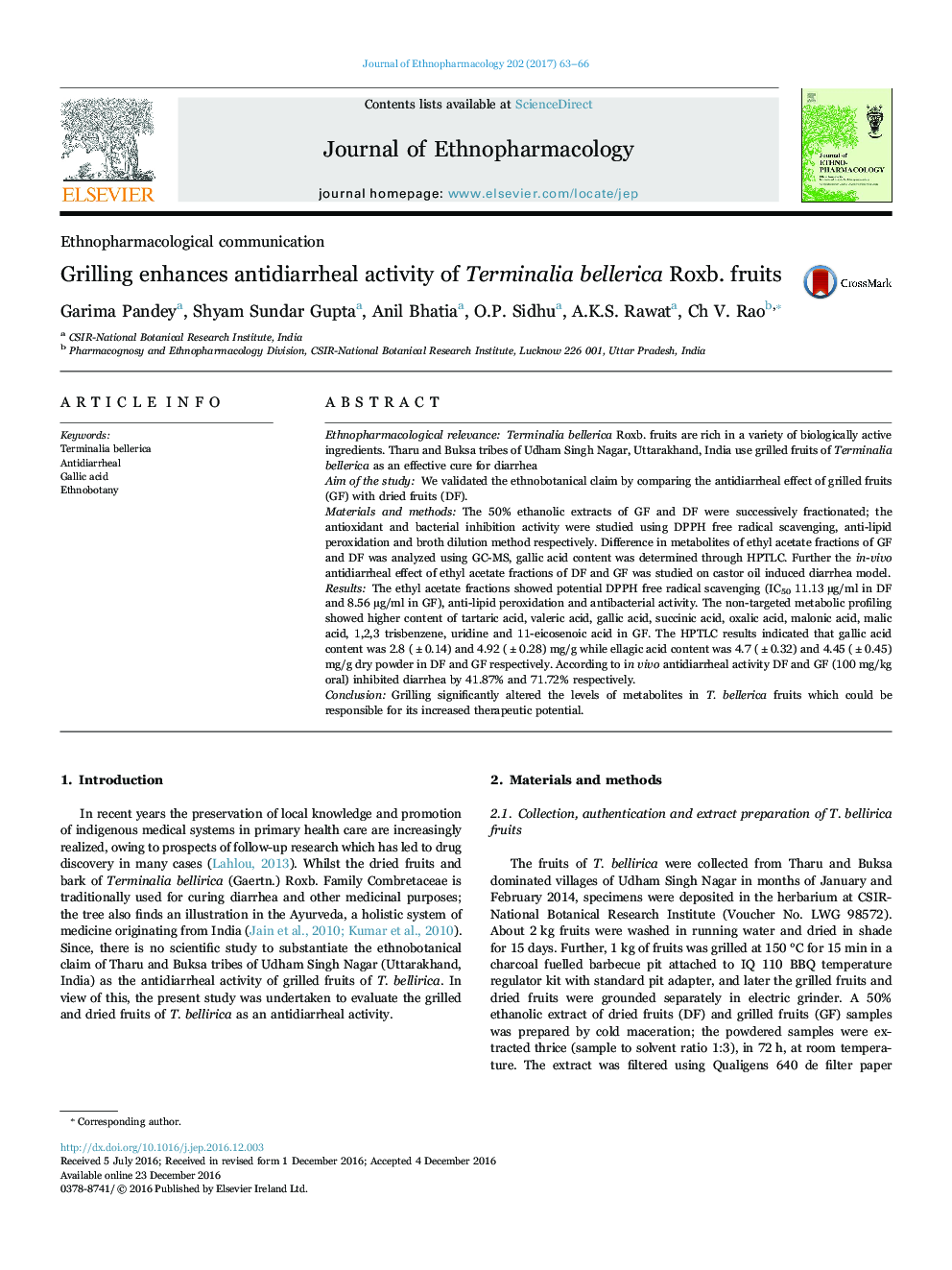 Grilling enhances antidiarrheal activity of Terminalia bellerica Roxb. fruits