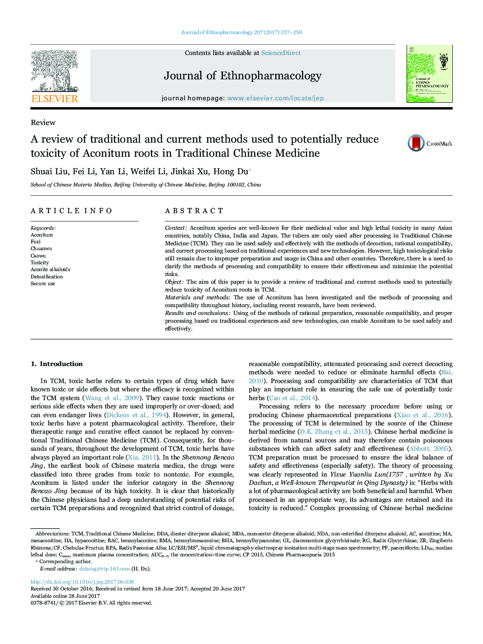 A review of traditional and current methods used to potentially reduce toxicity of Aconitum roots in Traditional Chinese Medicine