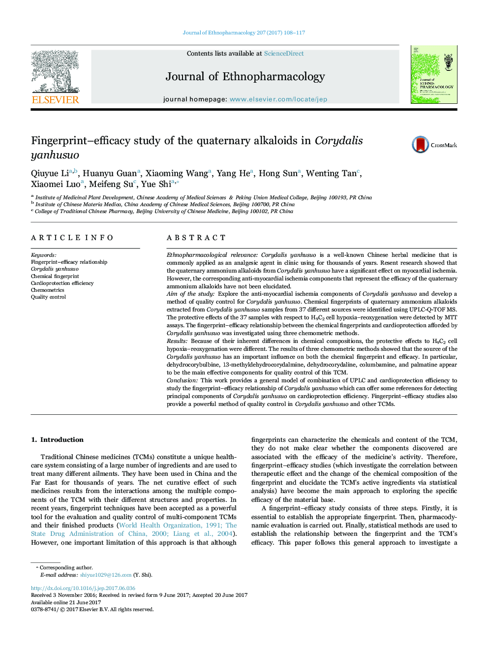 Fingerprint-efficacy study of the quaternary alkaloids in Corydalis yanhusuo