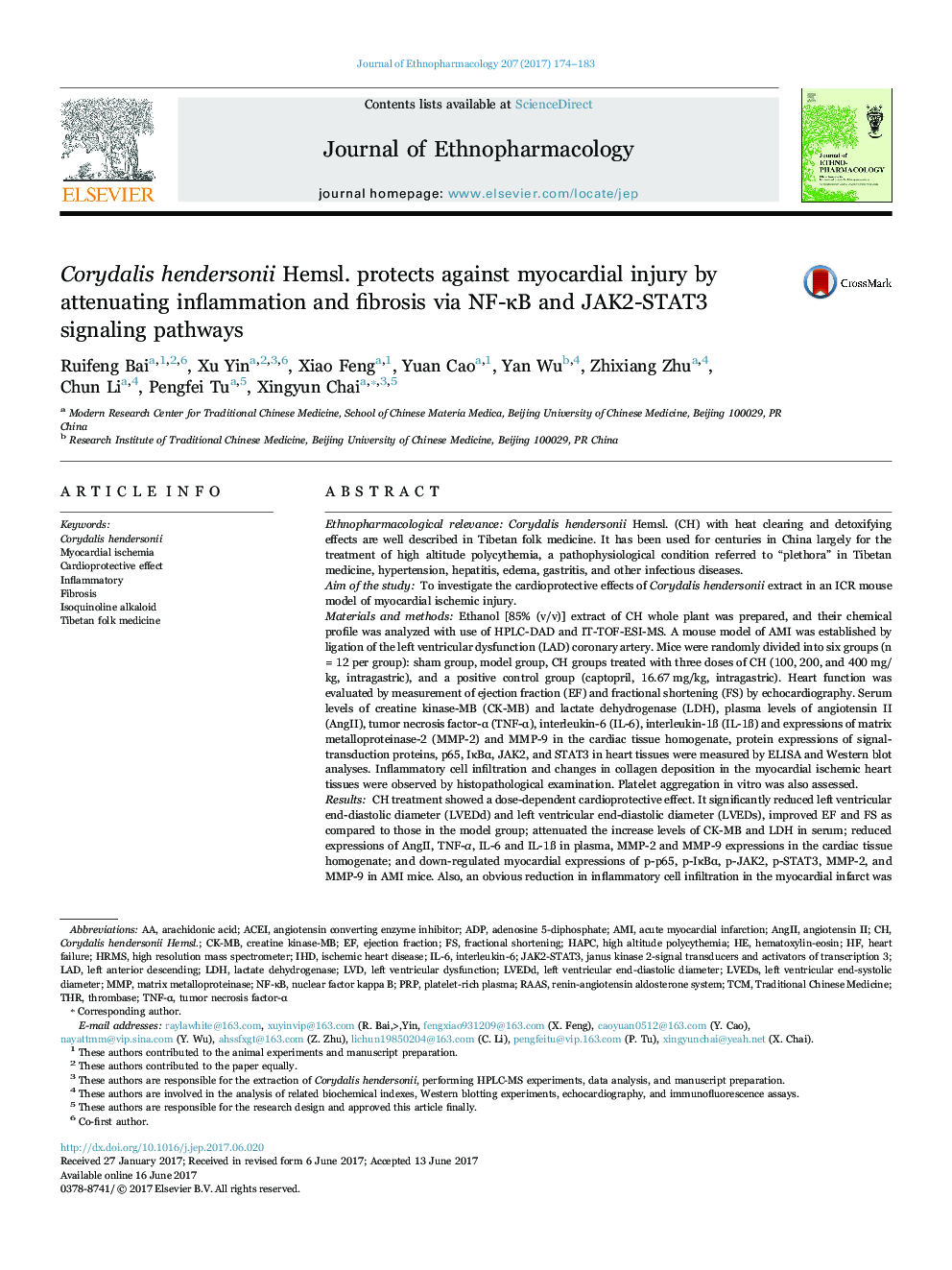 Corydalis hendersonii Hemsl. protects against myocardial injury by attenuating inflammation and fibrosis via NF-ÎºB and JAK2-STAT3 signaling pathways