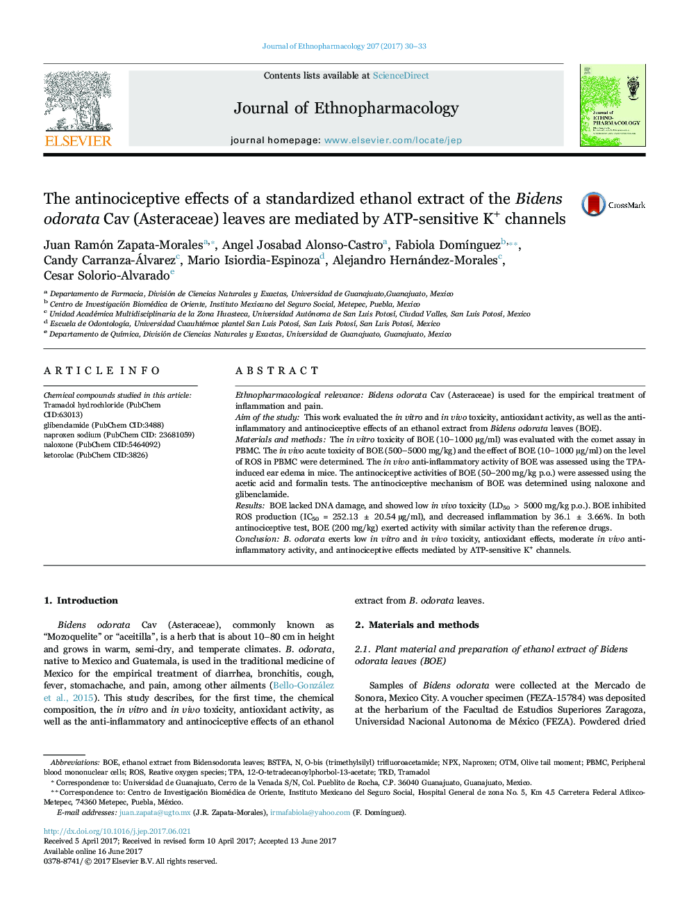 The antinociceptive effects of a standardized ethanol extract of the Bidens odorata Cav (Asteraceae) leaves are mediated by ATP-sensitive K+ channels