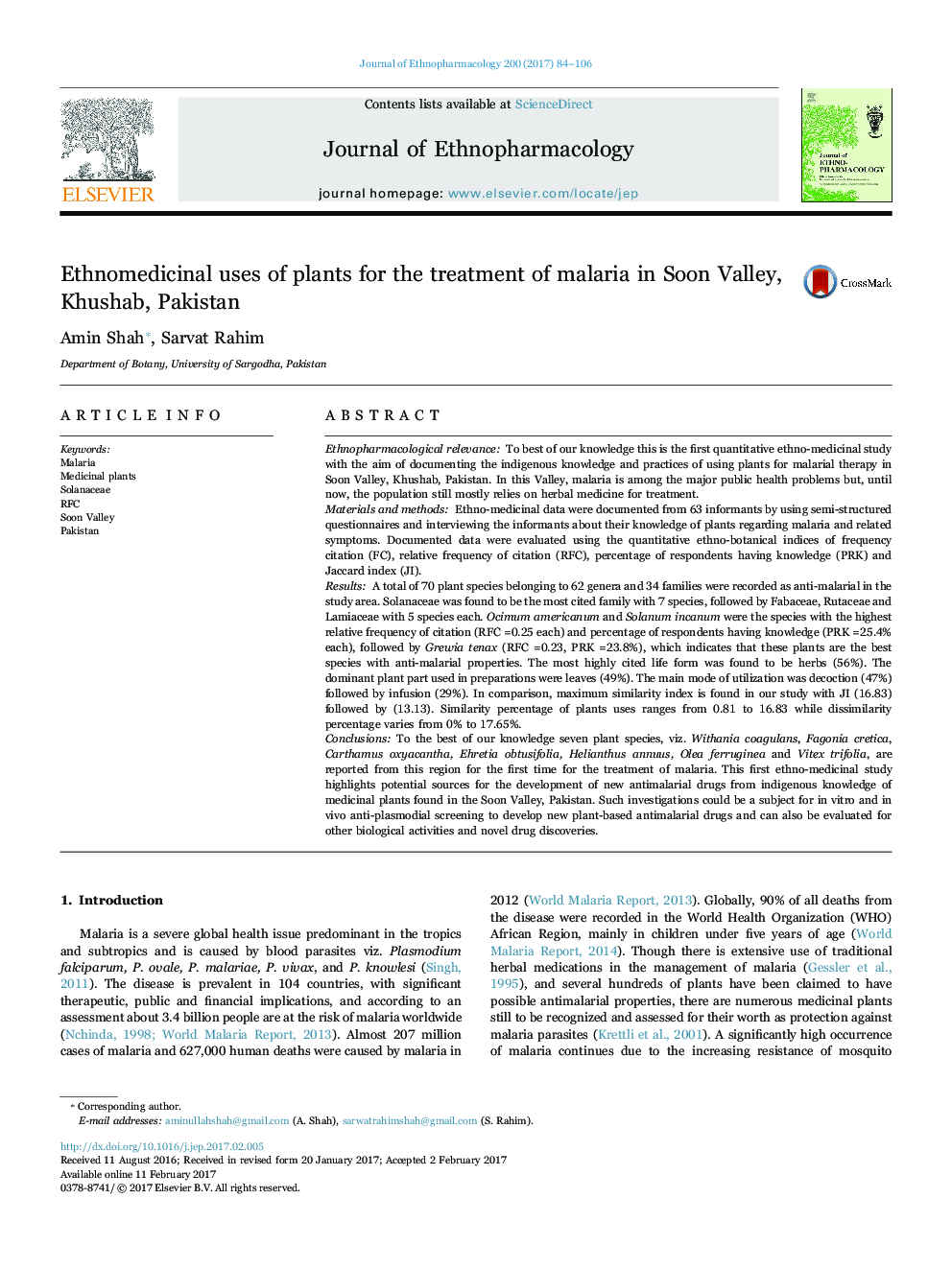 Ethnomedicinal uses of plants for the treatment of malaria in Soon Valley, Khushab, Pakistan