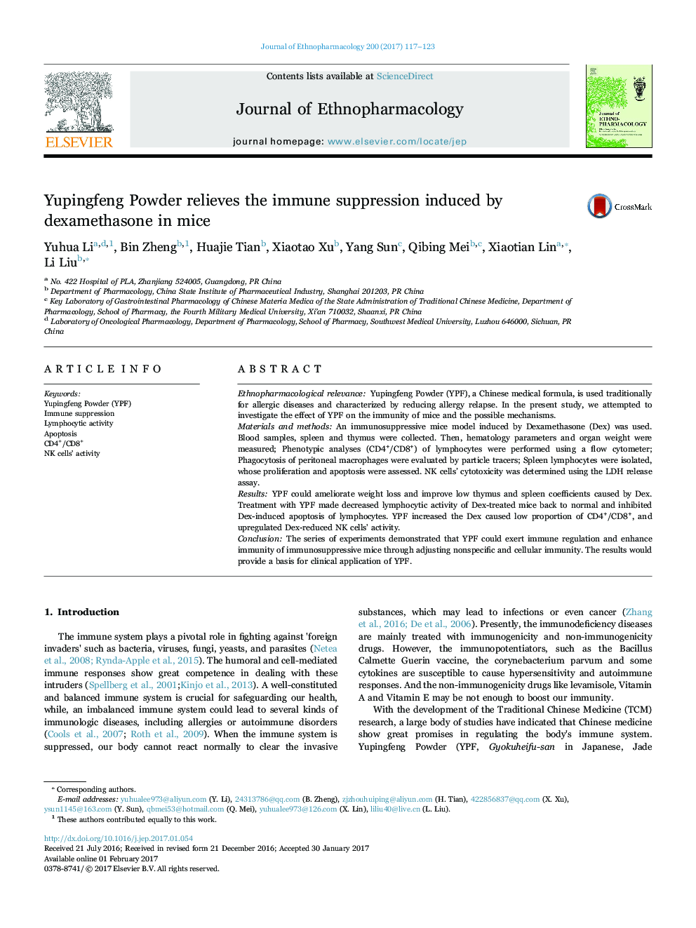 Yupingfeng Powder relieves the immune suppression induced by dexamethasone in mice