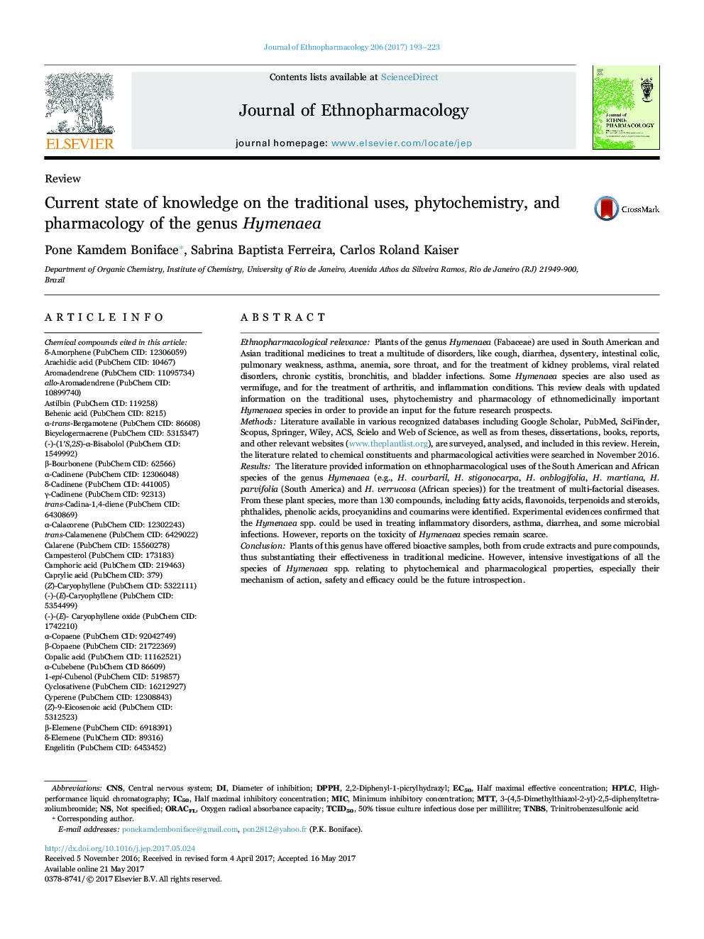 Current state of knowledge on the traditional uses, phytochemistry, and pharmacology of the genus Hymenaea