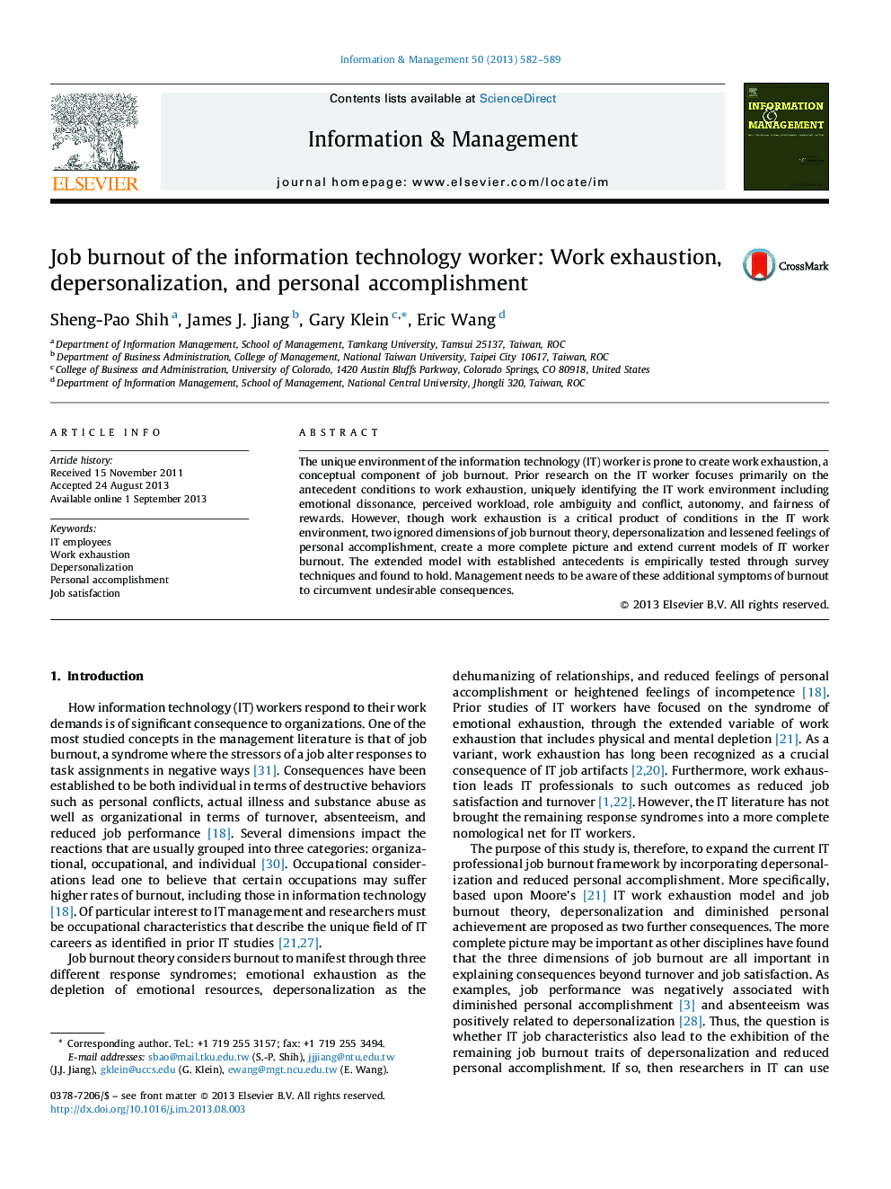 Job burnout of the information technology worker: Work exhaustion, depersonalization, and personal accomplishment