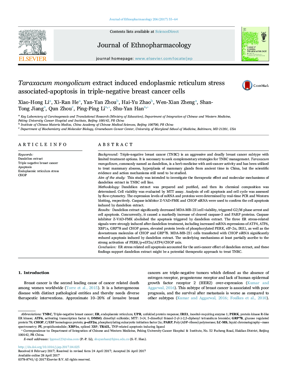 Taraxacum mongolicum extract induced endoplasmic reticulum stress associated-apoptosis in triple-negative breast cancer cells