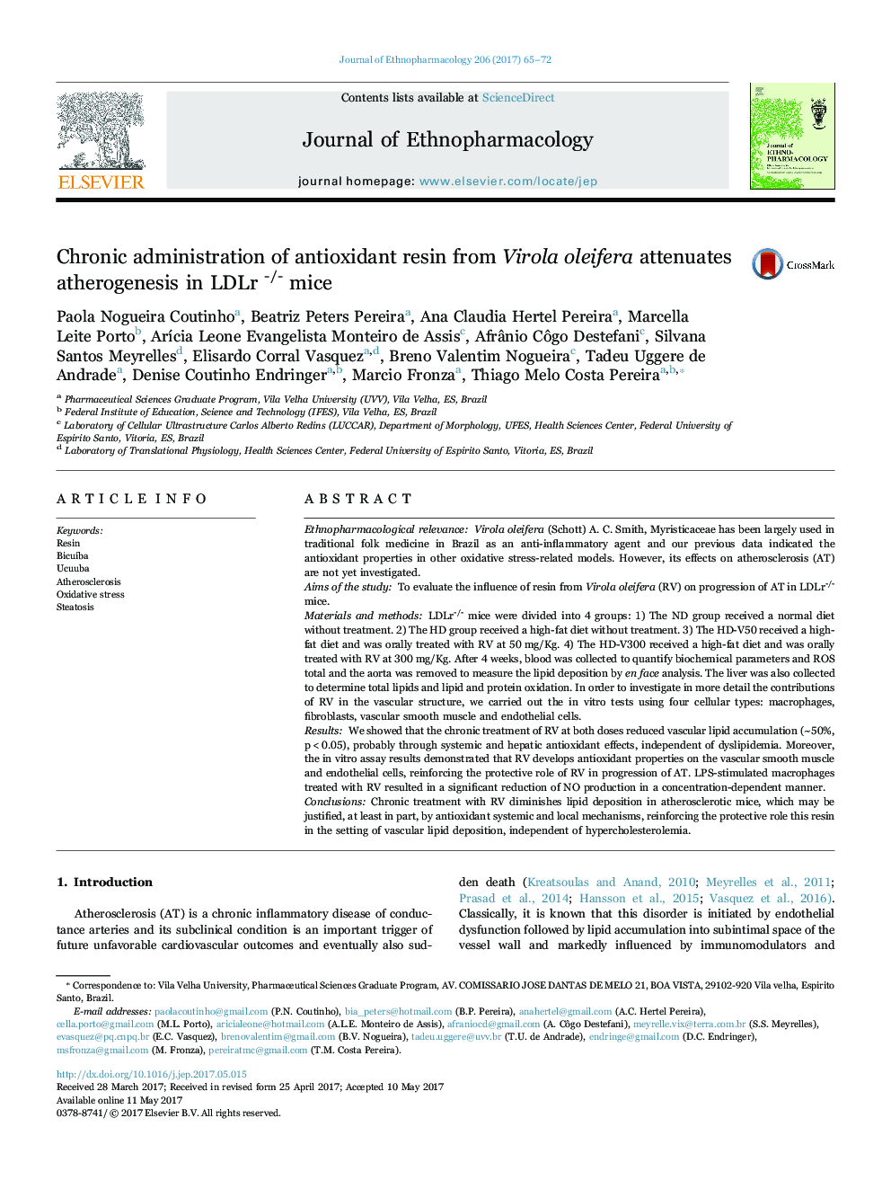 Chronic administration of antioxidant resin from Virola oleifera attenuates atherogenesis in LDLr -/- mice