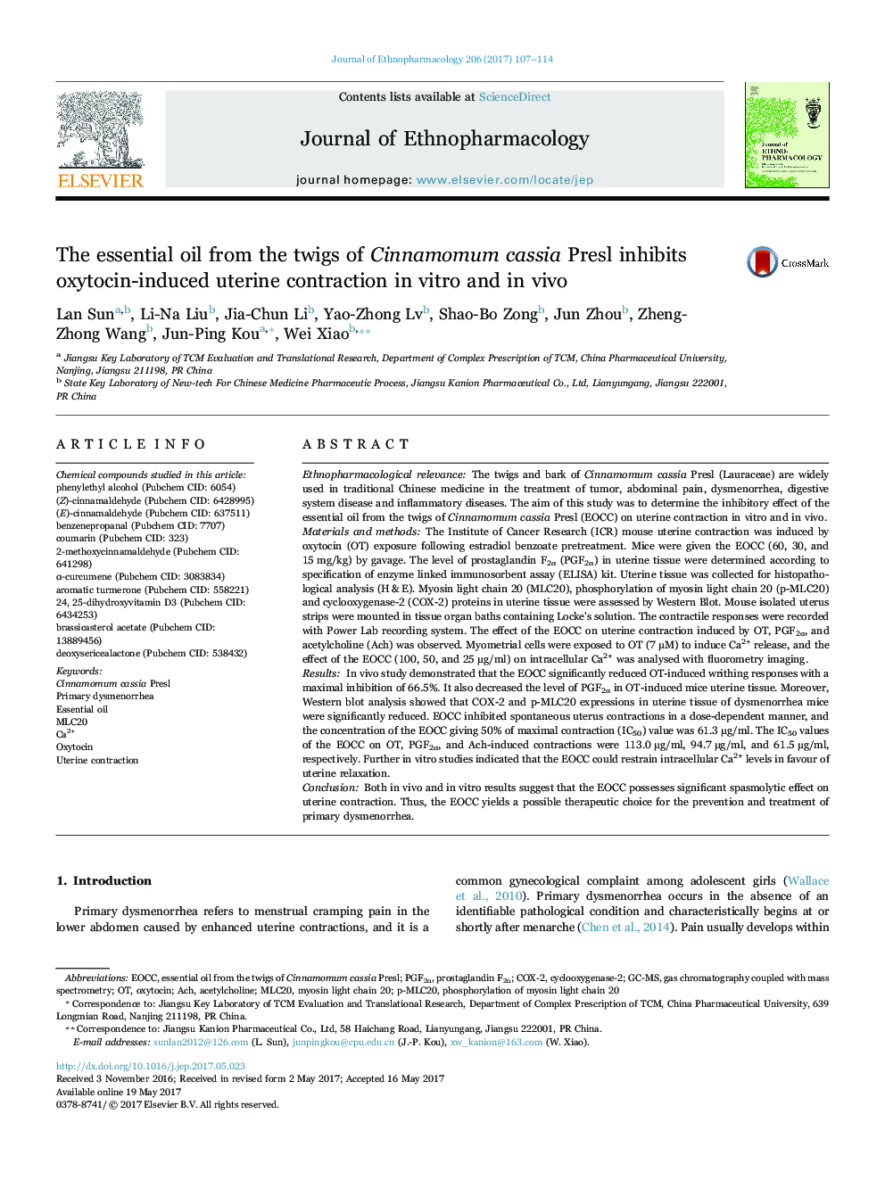 The essential oil from the twigs of Cinnamomum cassia Presl inhibits oxytocin-induced uterine contraction in vitro and in vivo