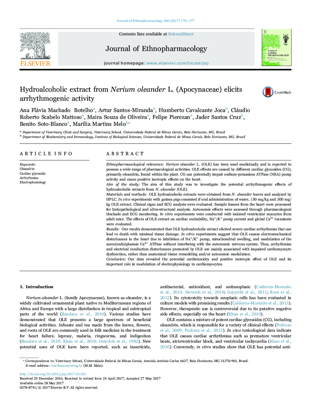 Hydroalcoholic extract from Nerium oleander L. (Apocynaceae) elicits arrhythmogenic activity