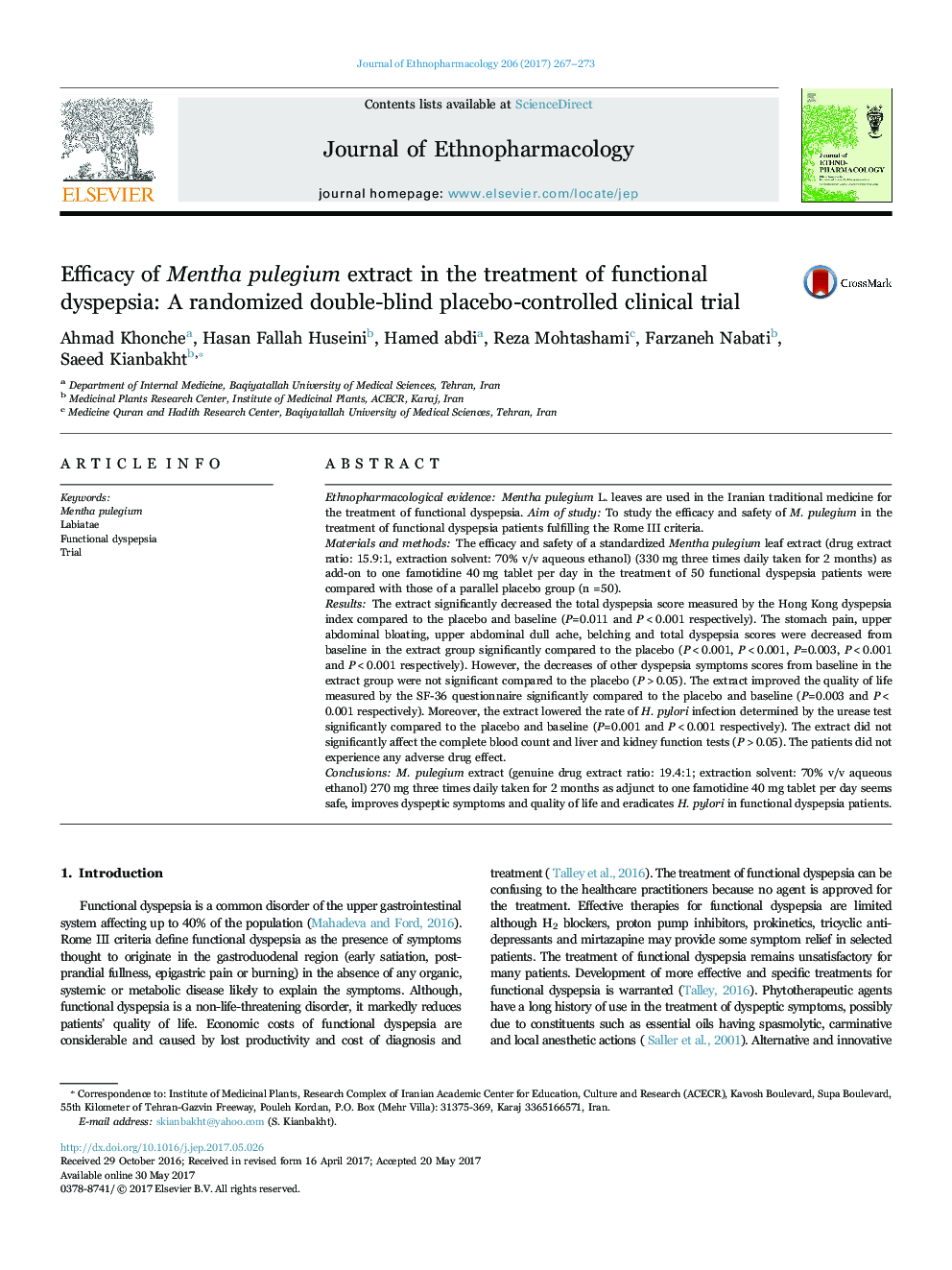 Efficacy of Mentha pulegium extract in the treatment of functional dyspepsia: A randomized double-blind placebo-controlled clinical trial