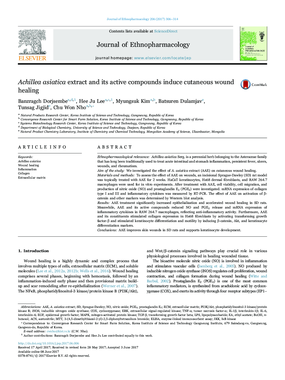 Achillea asiatica extract and its active compounds induce cutaneous wound healing