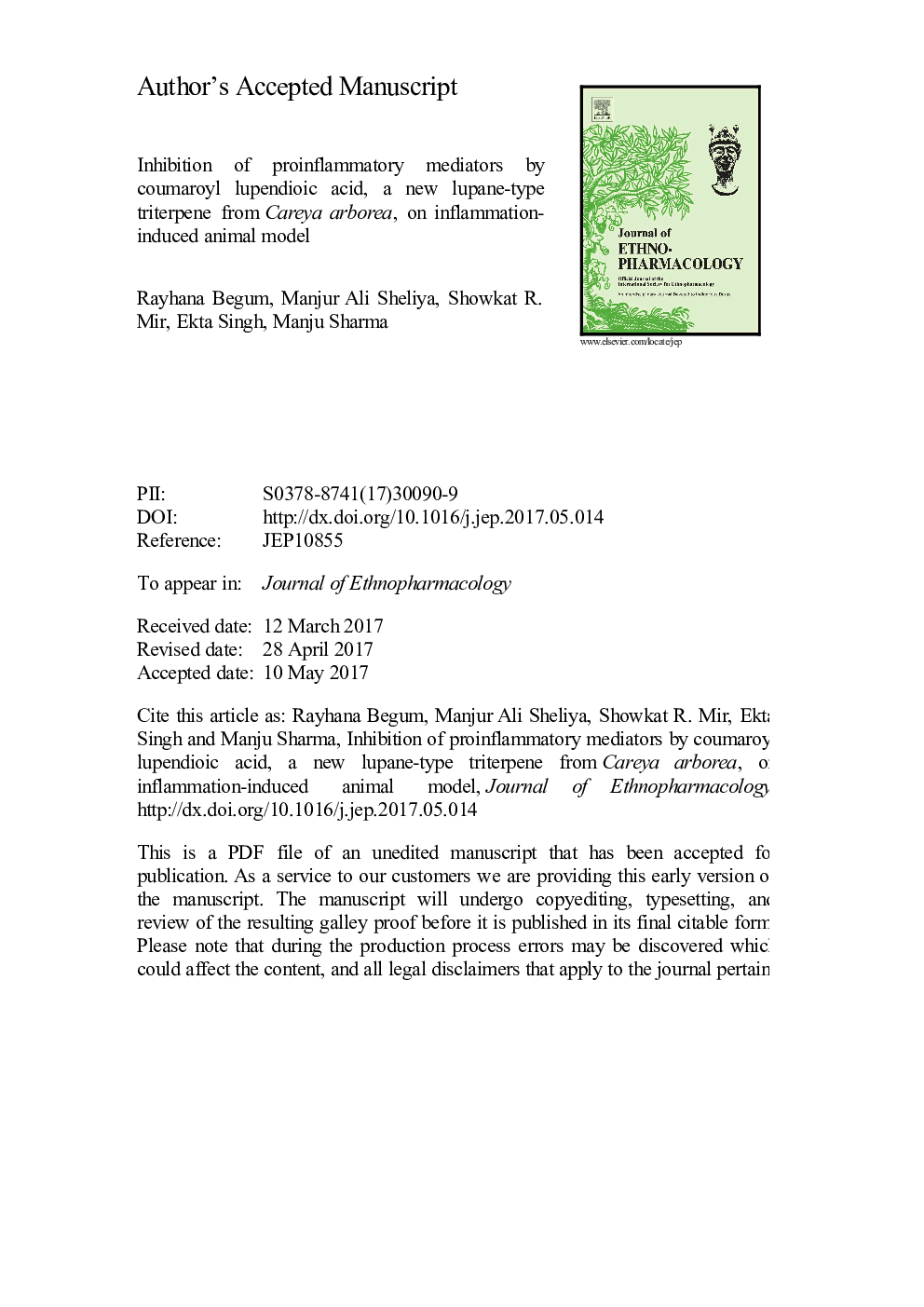 Inhibition of proinflammatory mediators by coumaroyl lupendioic acid, a new lupane-type triterpene from Careya arborea, on inflammation-induced animal model