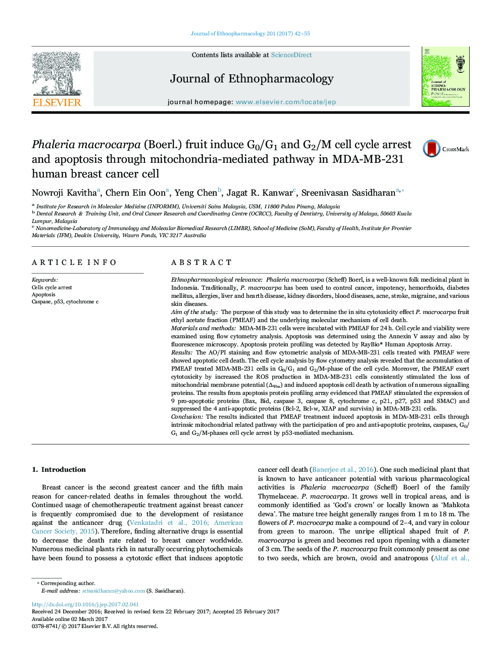 Phaleria macrocarpa (Boerl.) fruit induce G0/G1 and G2/M cell cycle arrest and apoptosis through mitochondria-mediated pathway in MDA-MB-231 human breast cancer cell
