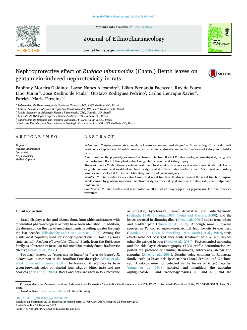 Nephroprotective effect of Rudgea viburnoides (Cham.) Benth leaves on gentamicin-induced nephrotoxicity in rats