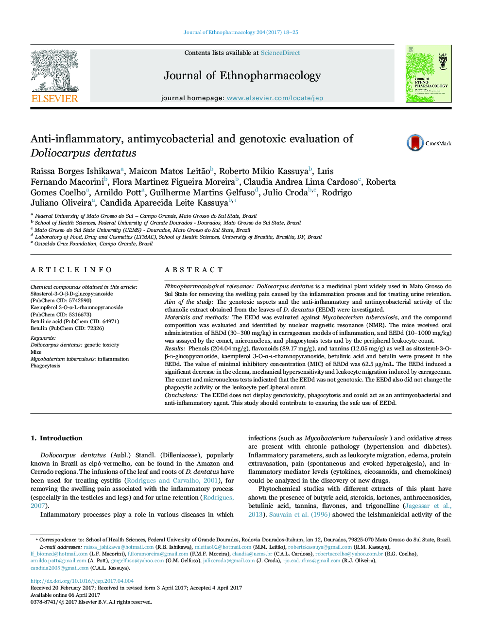 Anti-inflammatory, antimycobacterial and genotoxic evaluation of Doliocarpus dentatus
