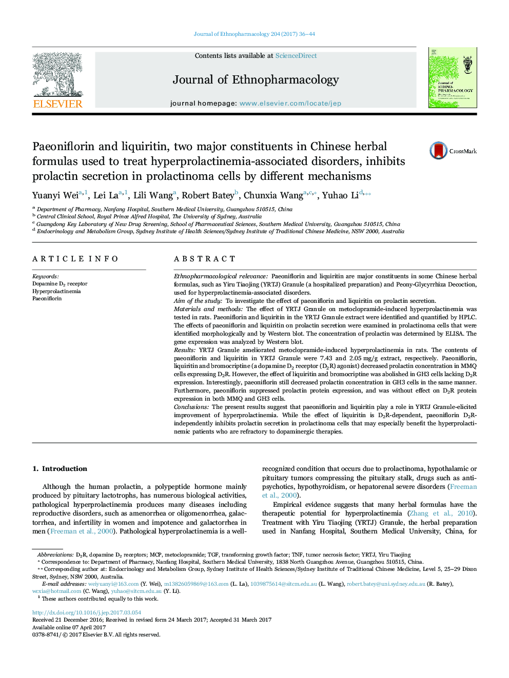 Paeoniflorin and liquiritin, two major constituents in Chinese herbal formulas used to treat hyperprolactinemia-associated disorders, inhibits prolactin secretion in prolactinoma cells by different mechanisms