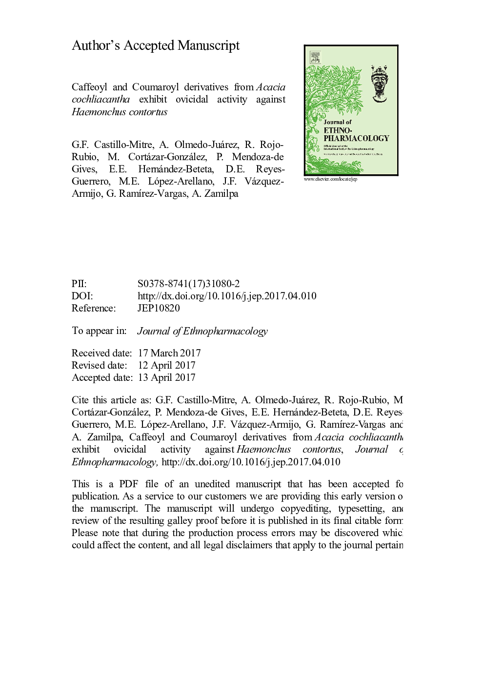 Caffeoyl and coumaroyl derivatives from Acacia cochliacantha exhibit ovicidal activity against Haemonchus contortus