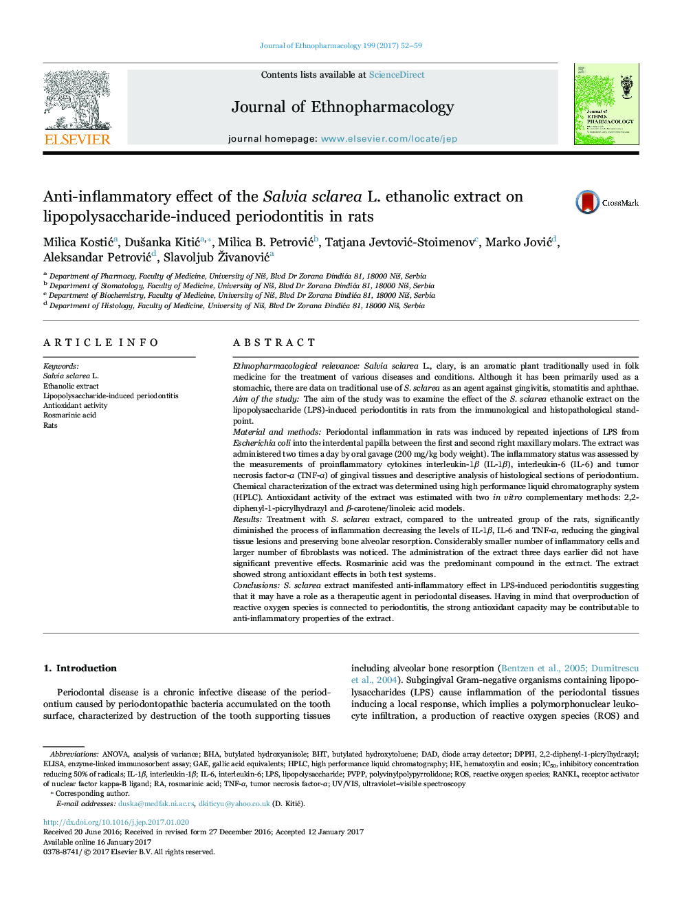 Anti-inflammatory effect of the Salvia sclarea L. ethanolic extract on lipopolysaccharide-induced periodontitis in rats