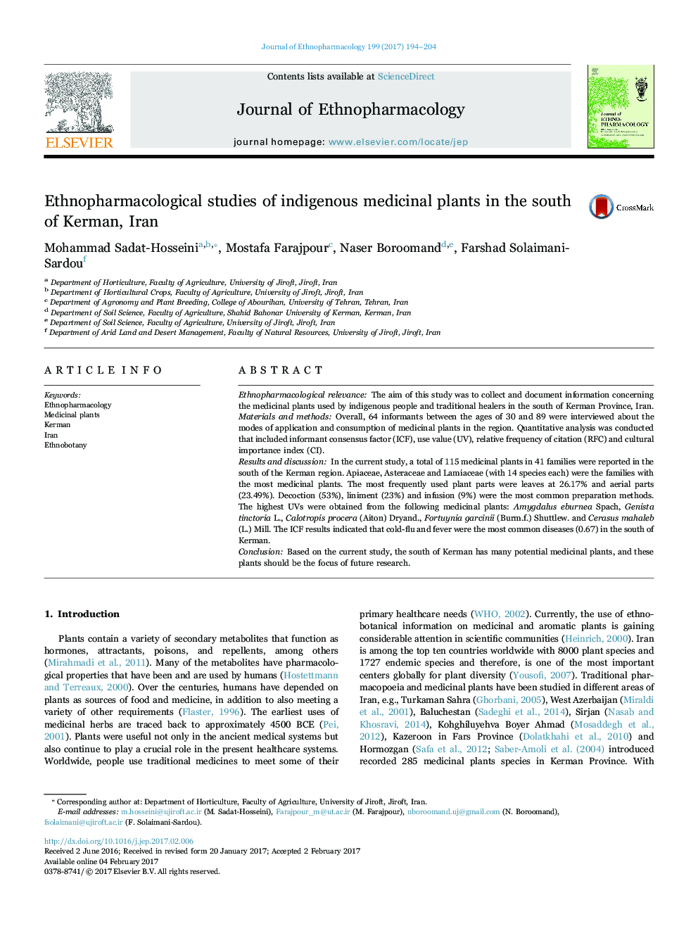 Ethnopharmacological studies of indigenous medicinal plants in the south of Kerman, Iran