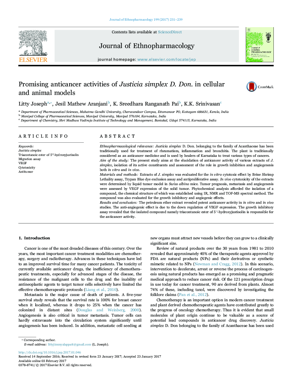 Promising anticancer activities of Justicia simplex D. Don. in cellular and animal models