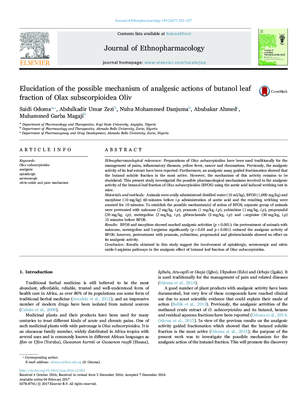 Elucidation of the possible mechanism of analgesic actions of butanol leaf fraction of Olax subscorpioidea Oliv