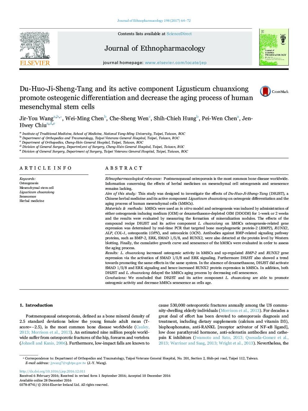 Du-Huo-Ji-Sheng-Tang and its active component Ligusticum chuanxiong promote osteogenic differentiation and decrease the aging process of human mesenchymal stem cells