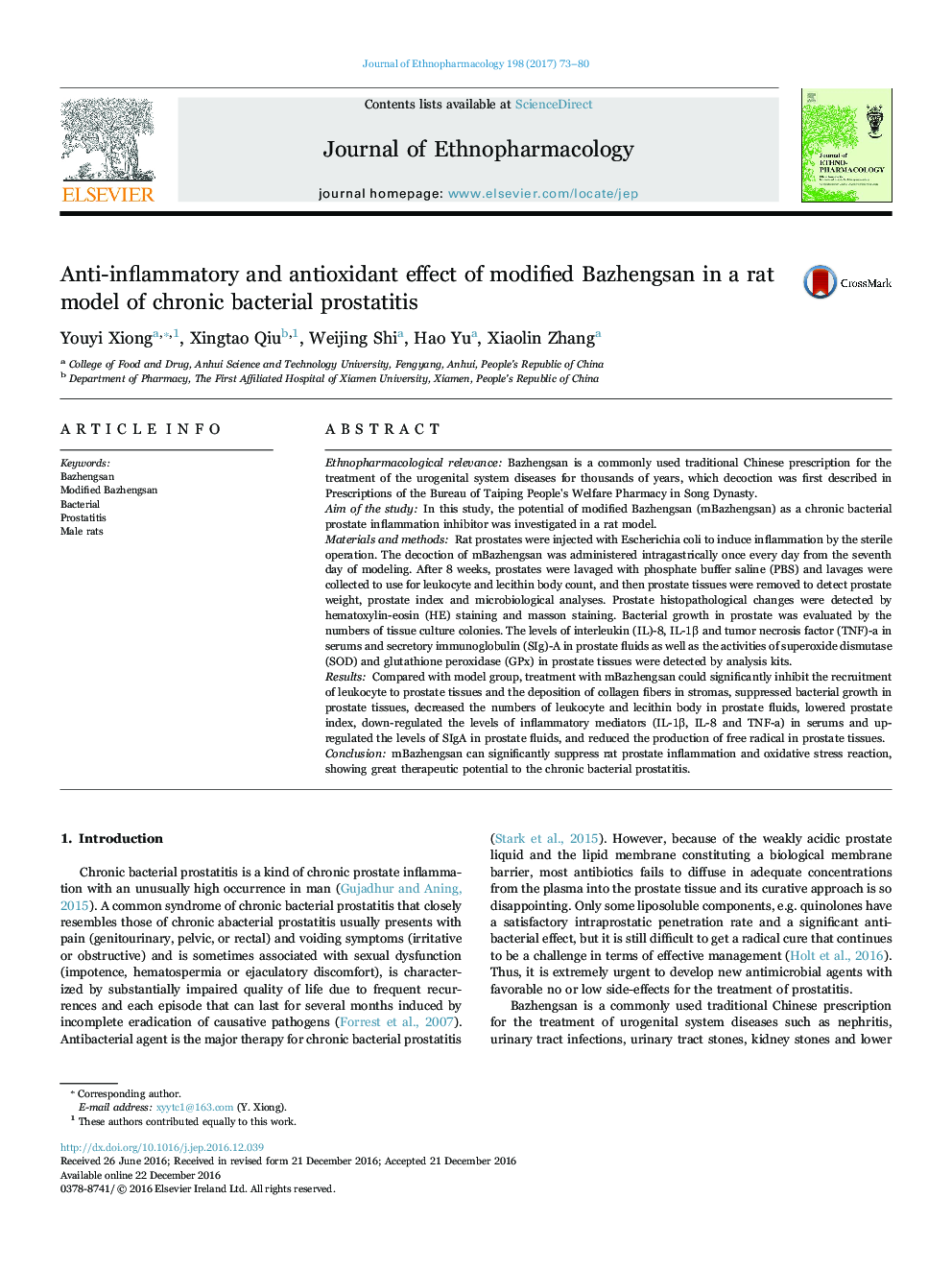 Anti-inflammatory and antioxidant effect of modified Bazhengsan in a rat model of chronic bacterial prostatitis