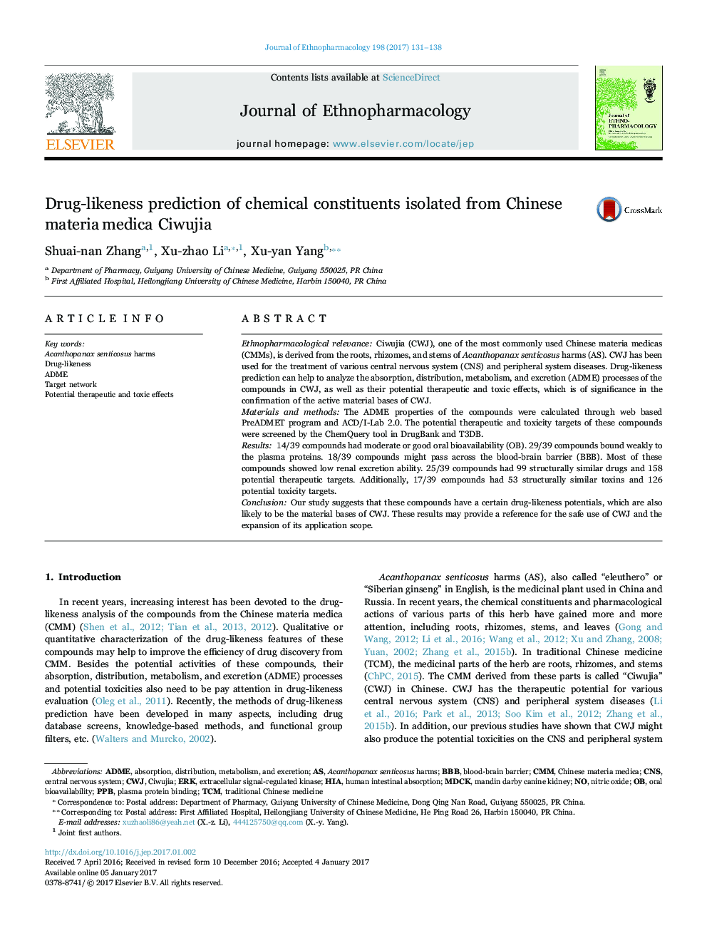 Drug-likeness prediction of chemical constituents isolated from Chineseâmateriaâmedica Ciwujia