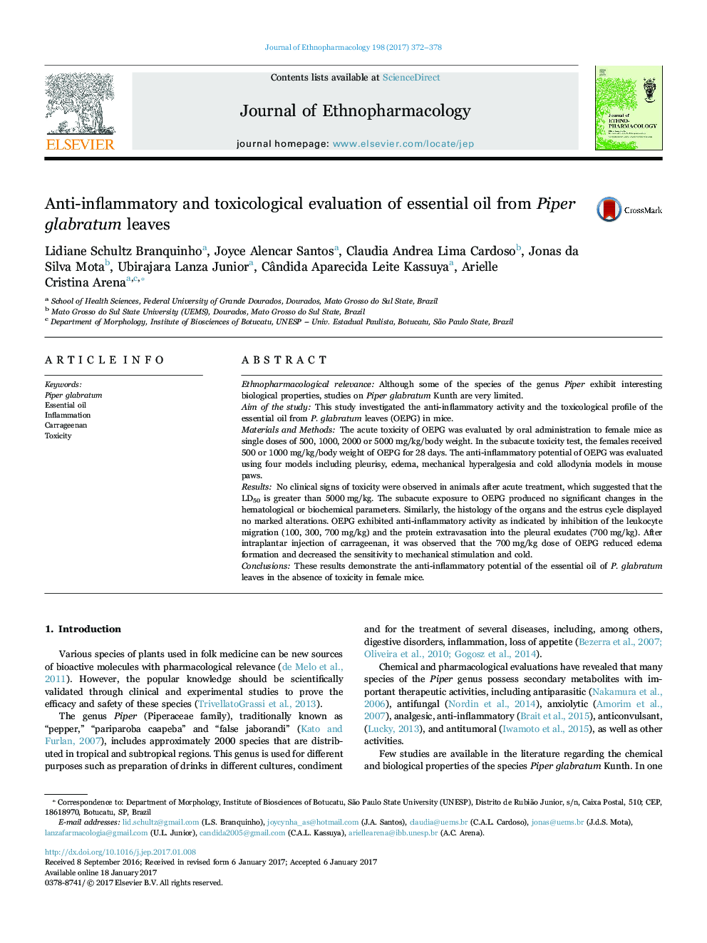 Anti-inflammatory and toxicological evaluation of essential oil from Piper glabratum leaves