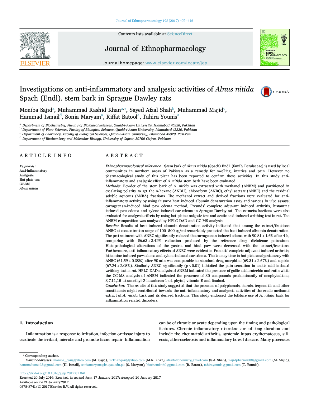 Investigations on anti-inflammatory and analgesic activities of Alnus nitida Spach (Endl). stem bark in Sprague Dawley rats