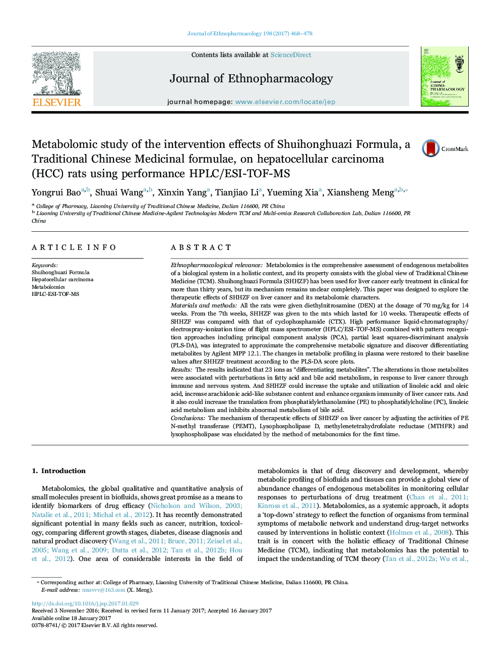 عکس صفحه اول مقاله: Metabolomic study of the intervention effects of Shuihonghuazi Formula, a Traditional Chinese Medicinal formulae, on hepatocellular carcinoma (HCC) rats using performance HPLC/ESI-TOF-MS Metabolomic study of the intervention effects of Shuihonghuazi Formula, a Traditional Chinese Medicinal formulae, on hepatocellular carcinoma (HCC) rats using performance HPLC/ESI-TOF-MS