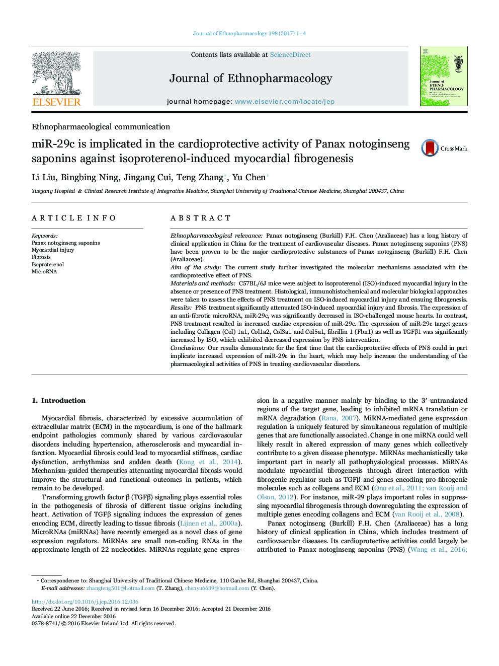 miR-29c is implicated in the cardioprotective activity of Panax notoginseng saponins against isoproterenol-induced myocardial fibrogenesis