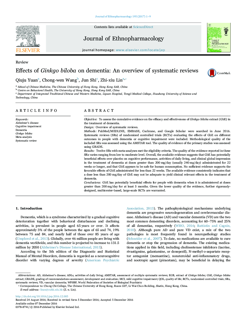 Effects of Ginkgo biloba on dementia: An overview of systematic reviews