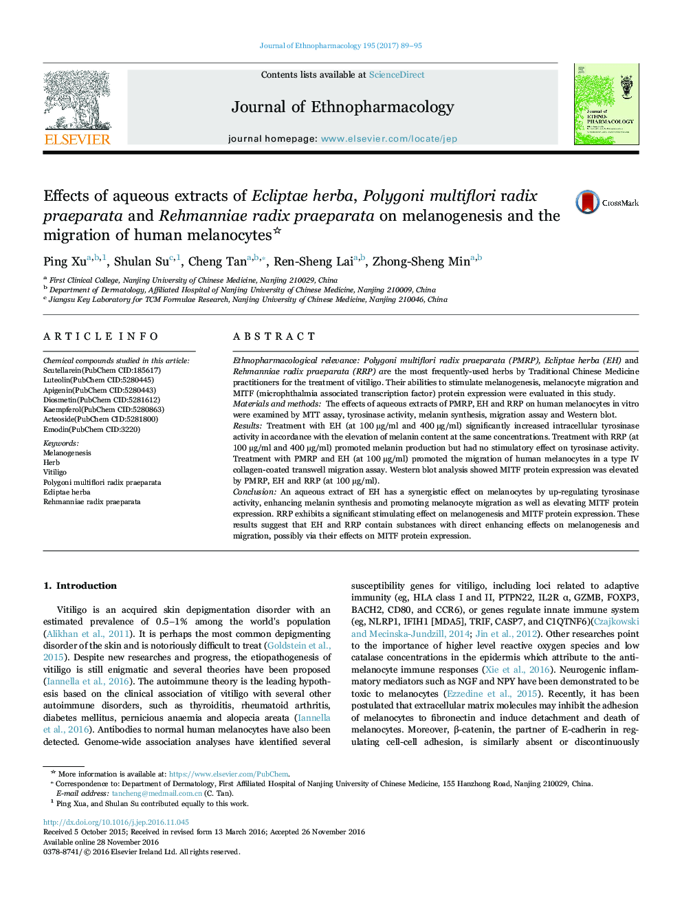 Effects of aqueous extracts of Ecliptae herba, Polygoni multiflori radix praeparata and Rehmanniae radix praeparata on melanogenesis and the migration of human melanocytes