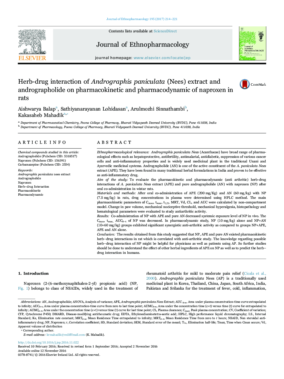 Herb-drug interaction of Andrographis paniculata (Nees) extract and andrographolide on pharmacokinetic and pharmacodynamic of naproxen in rats